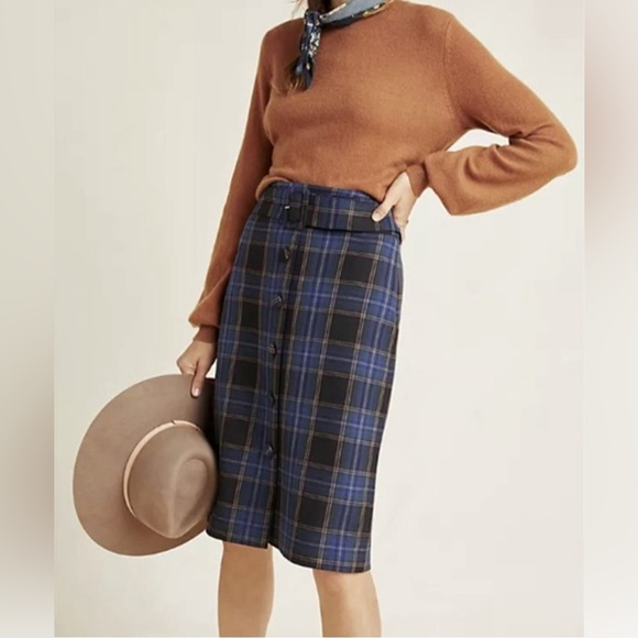 Maeve Anthropologie Bernadette Button-Front Midi Plaid Pencil Skirt - Picture 1 of 9